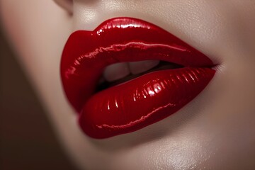 Obraz premium Close up beautiful Female Lips with Red Gloss Lipstick, macro photography.