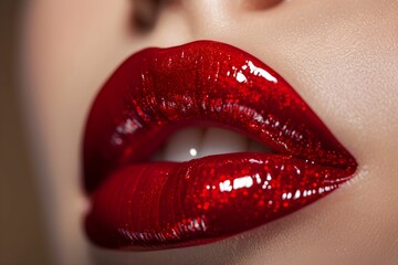 Obraz premium Close up beautiful Female Lips with Red Gloss Lipstick, macro photography.