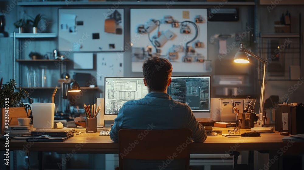 Poster Man Working Late at Night on Computer with Blueprints and Code