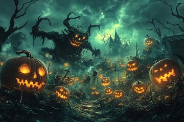 Unheimlicher K&uuml;rbisfeld mit riesigen verfluchten K&uuml;rbissen bei Nacht