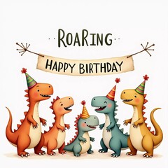 Friendly dinosaurs in soft watercolor shades wearing party hats, ROARING HAPPY BIRTHDAY text