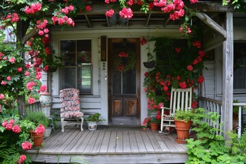 Wooden house porch with flowers