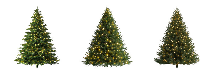 Christmas trees with lights in different positions isolated on transparent background