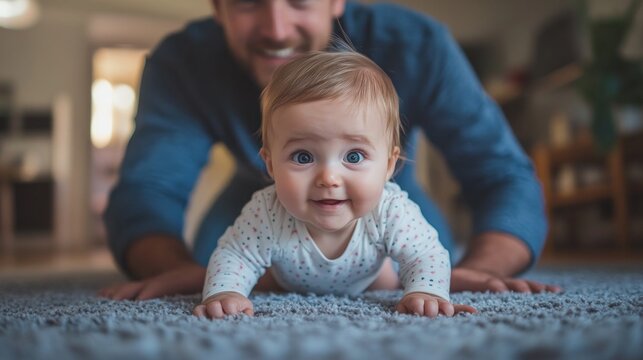 A father watches with delight as his baby crawls across a soft carpet, both sharing a precious moment in their cozy living room