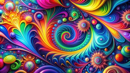 Vibrant swirls of neon colors and abstract shapes explode in a mesmerizing dance, blending retro psychedelic patterns with playful pop art elements.