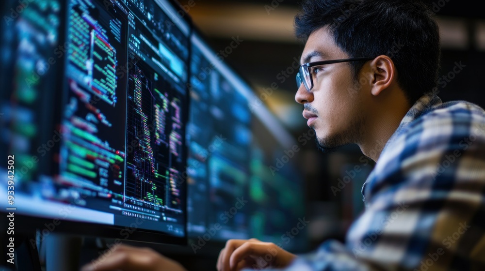Aufkleber Man Focused on Code on Computer Screen
