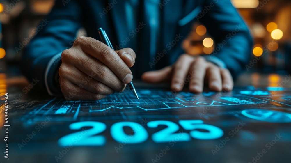 Poster A focused professional drafts plans for the future, using digital tools to visualize concepts and strategies for the upcoming year in a modern, illuminated office environment