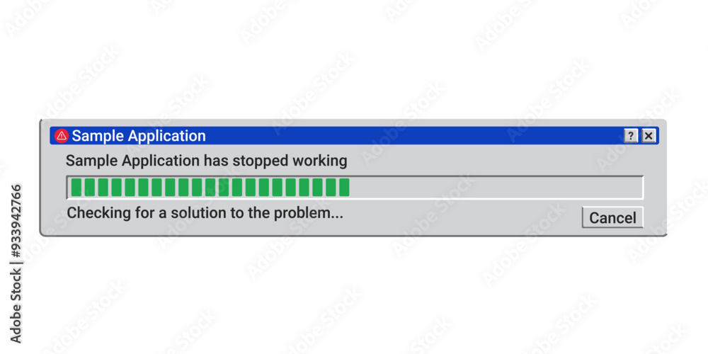 Poster Application has stopped working. Old warning window. Retro loading window. Crash os program.