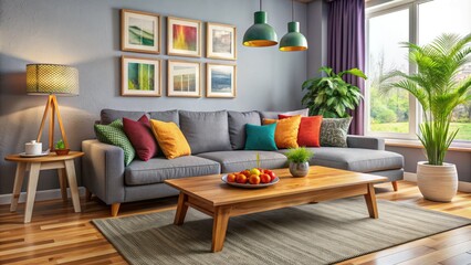 Obraz premium Vibrant throw pillows and colorful wall art energize a cozy living room, where a comfortable grey sofa and natural wood coffee table create a warm atmosphere.