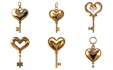 Heart-shaped keys with golden texture isolated on transparent background