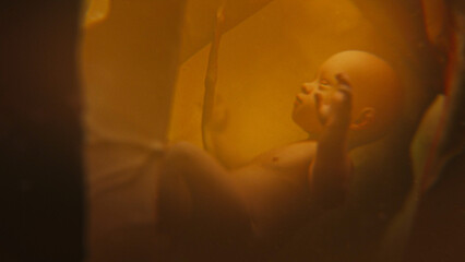 3D animated graphics of baby developing in mother womb and amniotic fluid inside abdomen. Fetal...