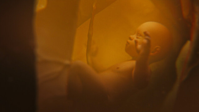 3D animated graphics of baby developing in mother womb and amniotic fluid inside abdomen. Fetal development from conception to the birth. Human reproductive system. Pregnancy and motherhood concept.