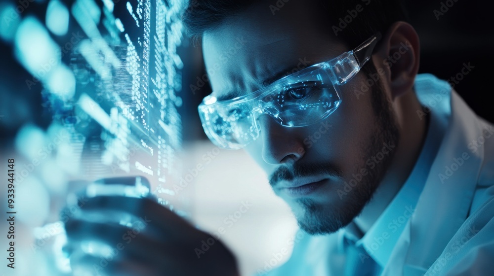 Aufkleber Close-up of a man in safety glasses, examining a computer screen with blue data displayed.