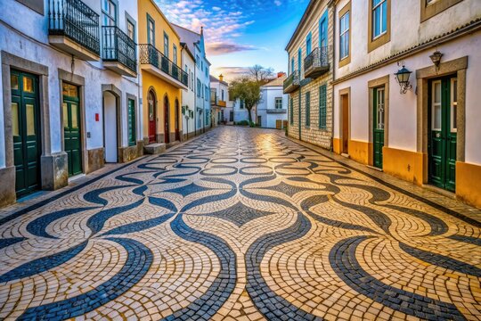 Vibrant traditional Portuguese cobblestone pavement in geometric patterns lines Infante de Sagres street in Lagos, Algarve, Portugal, showcasing the city's rich cultural heritage.
