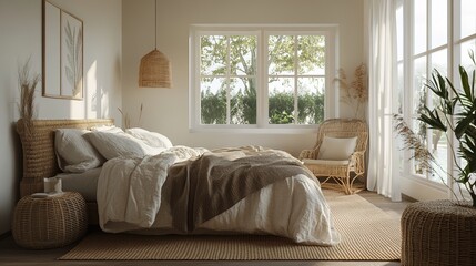 Home mockup, simple cozy Coastal bedroom interior background, 3d render