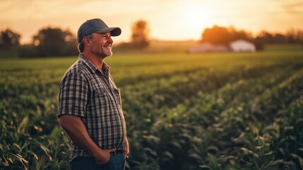 Farmer Smiling Amidst Lush Green Crops, Symbolizing Agricultural Pride