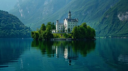Obraz premium A solitary white castle on a green island mirrors peace in the calm blue lake waters.