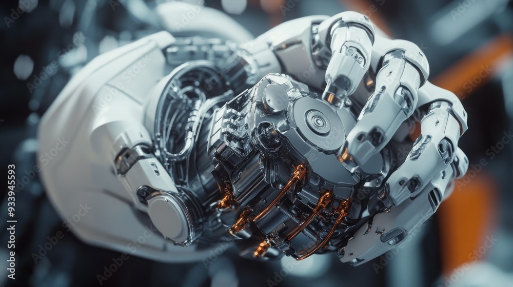 Poster close-up of a robotic hand holding a complex mechanism
