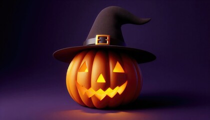 High-quality 3D headshot photography of a Halloween pumpkin with a carved face and a pointed hat, placed against a solid dark purple background