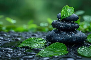 Tranquil Zen Garden with Stacked Stones and Dewy Leaves