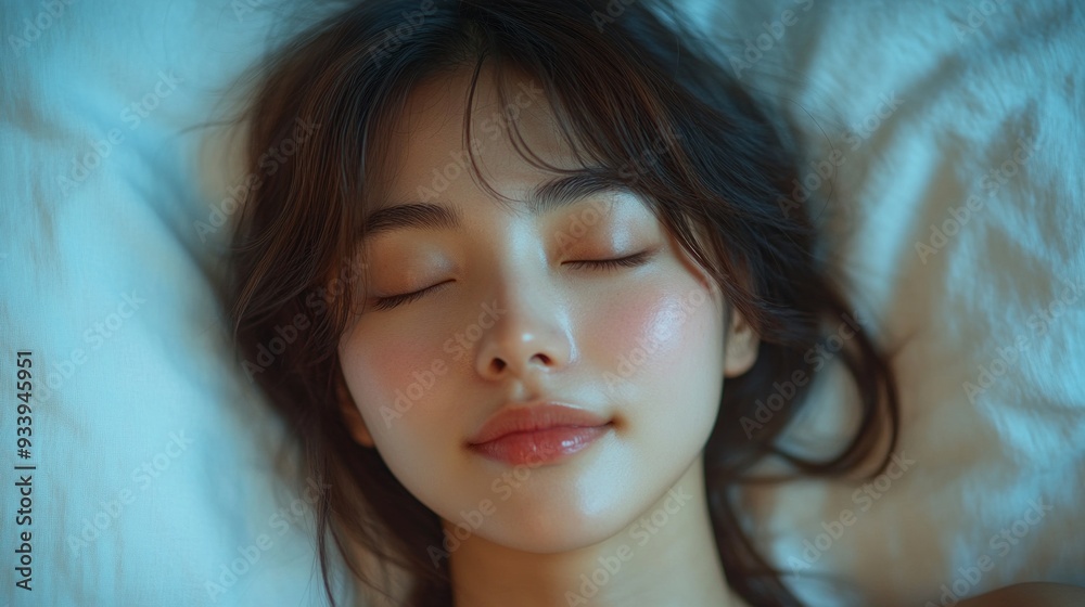 Poster a young woman enjoys a deep sleep, her expression calm and relaxed, surrounded by soft sheets that e