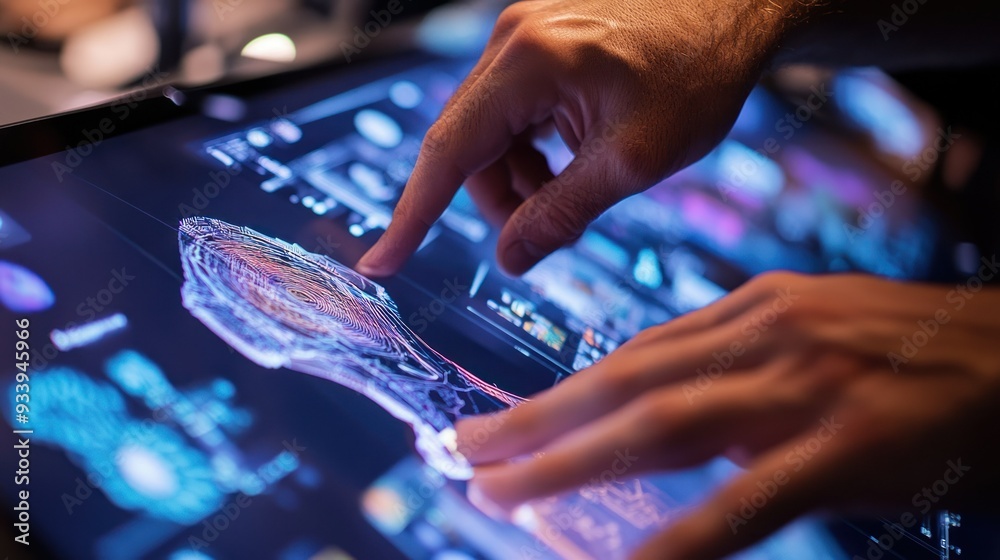 Poster Hand Interacting with Fingerprint Pattern Displayed on a Digital Screen