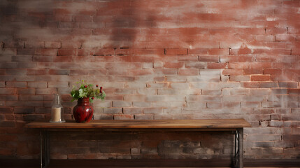 Rustic brick wall with an empty wooden table, creating a vintage atmosphere for product placement