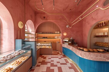 Modern bakery interior with pink walls and blue counters