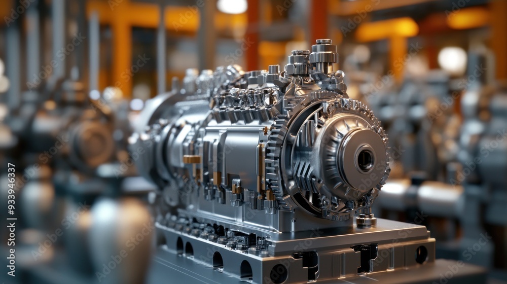 Aufkleber close-up of a shiny metal industrial machine with gears and a circular part