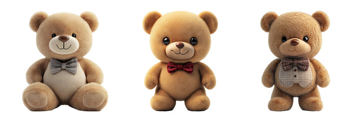 Fototapeta premium Teddy bears with bow ties in different positions isolated on transparent background