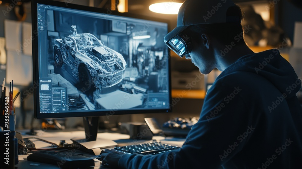 Poster a person designing a car on a computer