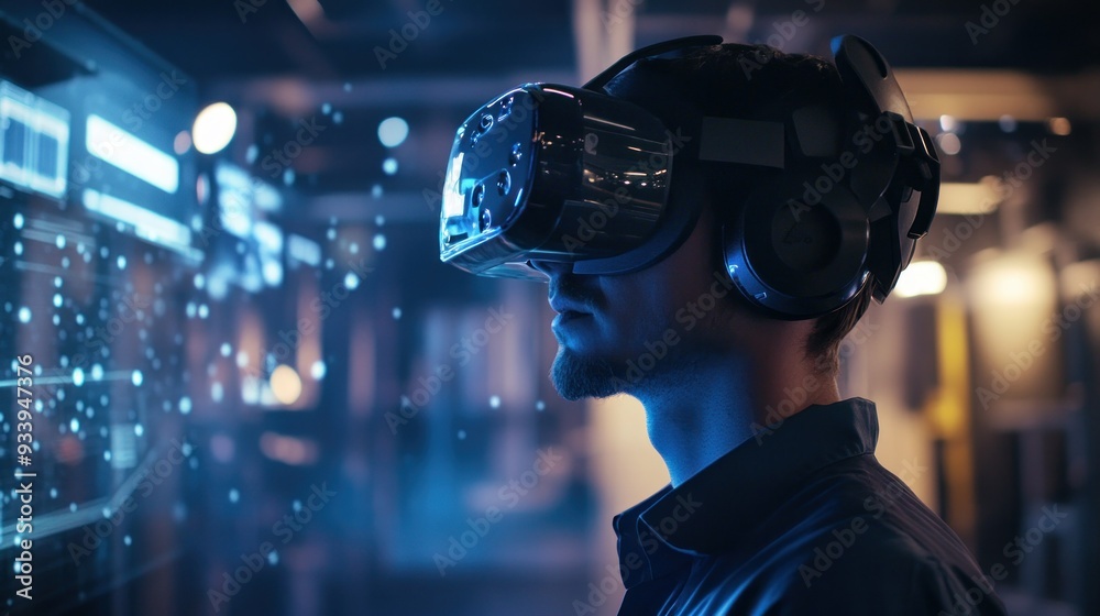 Poster man wearing a virtual reality headset looking at digital interface