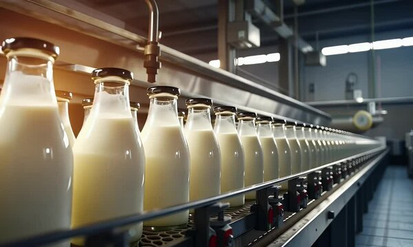 Bottling milk at a dairy plant. Tasty healthy milk. Milk production at the factory