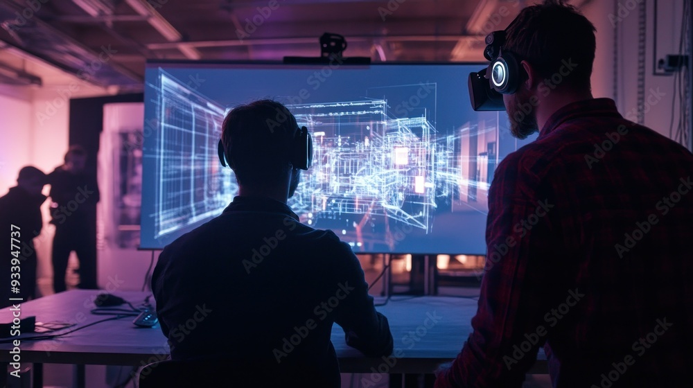 Poster two people wearing vr headsets looking at a screen displaying a 3d model