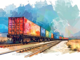 Obraz premium Artistic illustration of a freight train with colorful shipping containers on railway tracks, set against a vibrant, abstract background. With copy space for text.