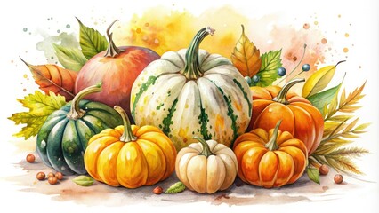 Vibrant watercolor illustration of a colorful autumnal squash arrangement, with soft blended brushstrokes and delicate textures, against a creamy white background.