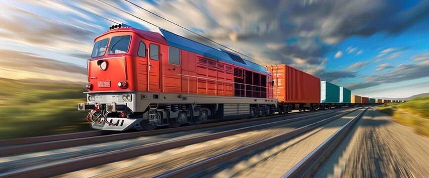 A red freight train carrying shipping containers moves swiftly along a track, blurring past a rural landscape under a dynamic sky Wide web banner.