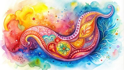 Vibrant watercolor illustration of a stylized stomach with swirling patterns and abstract shapes, symbolizing digestive health and wellness in a creative, dreamlike atmosphere.