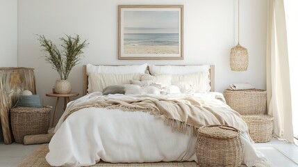 Home mockup, simple cozy Coastal bedroom interior background, 3d render