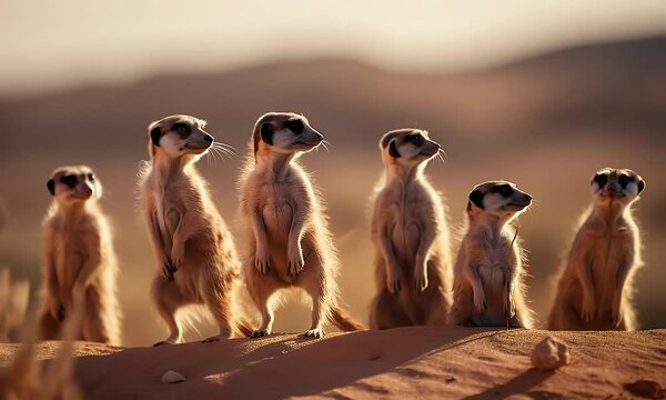 group of meerkats standing on their hind legs, with a desert landscape and distant mountains in the background.