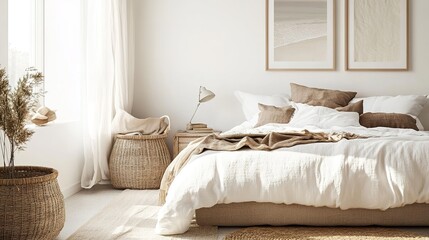 Home mockup, simple cozy Coastal bedroom interior background, 3d render