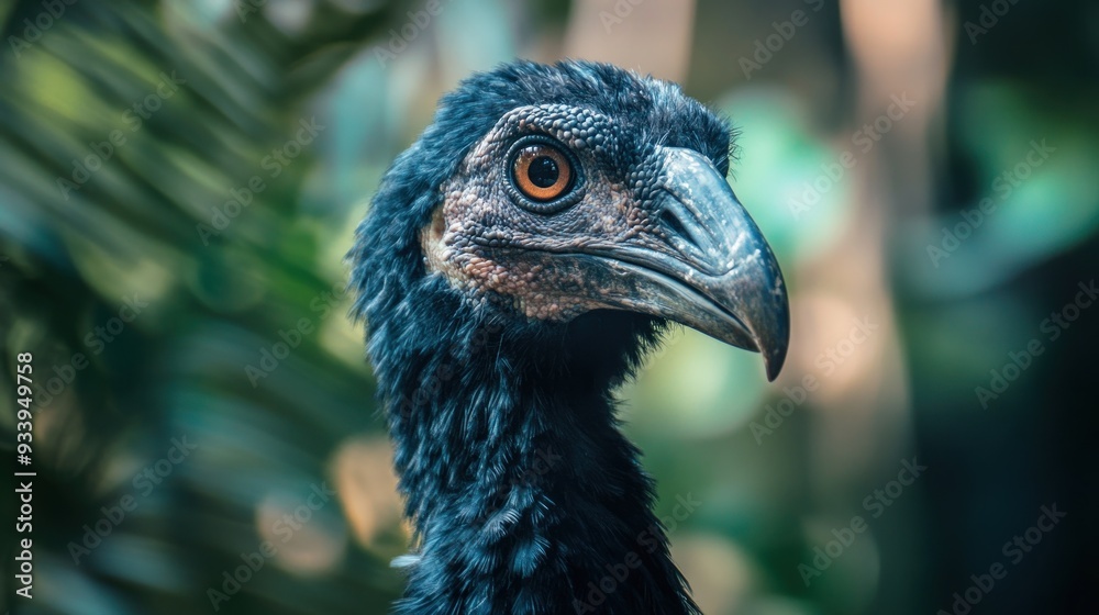 Poster close-up of a black bird with orange eyes