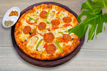 Delicious Pepperoni Pizza with cheese olives nd capsicum italian food