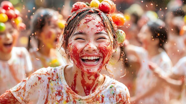 Joyful celebration of colors and laughter during a playful fruit festival, capturing the essence of fun and happiness.