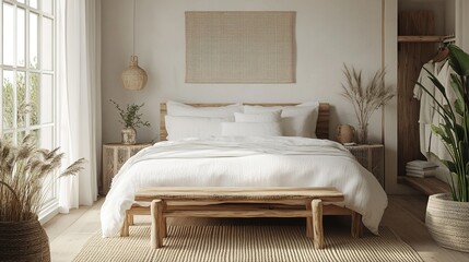 Home mockup, simple cozy Coastal bedroom interior background, 3d render