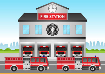 Fire Station with Fire Truck. Fire Department Building. Vector Illustration.  