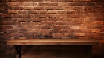 Rustic brick wall with an empty wooden table, creating a vintage atmosphere for product placement