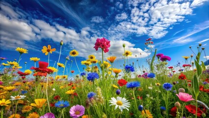 Vibrant wildflowers explode in a colorful meadow, swaying gently in the breeze, creating a whimsical, natural pattern against a serene blue sky backdrop.