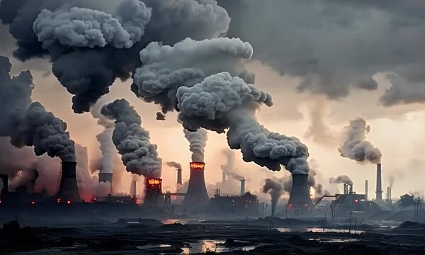 industrial factory spewing thick, black smoke into the atmosphere, contributing to air pollution.