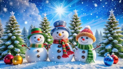 Vibrant winter wonderland scene featuring three joyful snowmen surrounded by snowflakes, evergreen trees, and festive holiday decorations under a bright blue sky.